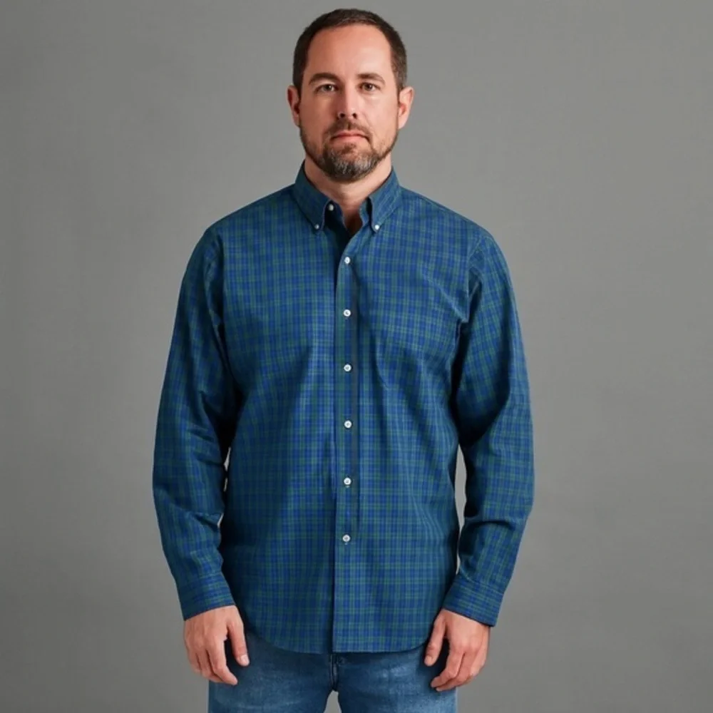 Land's End Mens Black Watch Plaid Tailor Fit Button Down Shirt 17.5/36T EUC #826